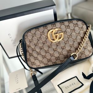 Gucci GG Marmont Crossbody Bag, Canvas Black Gold Brown With Dustbag, Box & Card